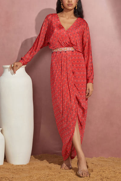 Red ikat printed wrap dress