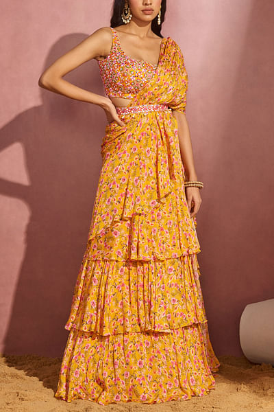 Yellow floral sari set