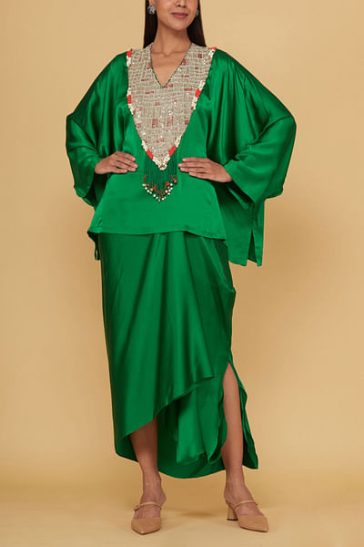 Emerald oversized top and draped skirt