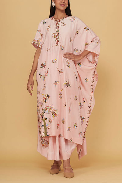 Rose pink bird motif kaftan skirt set