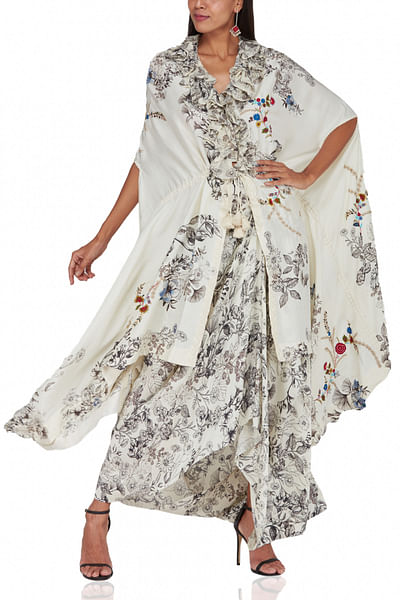 Printed cape and draped skirt