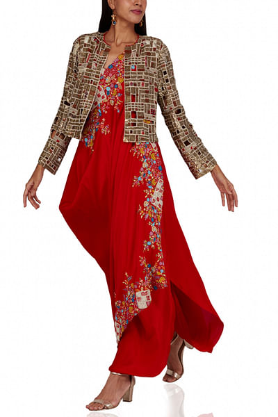Red sari and balero jacket set