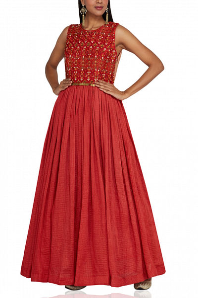 Red embroidered gown