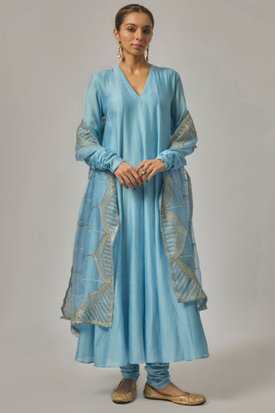 Sky blue chanderi anarkali set