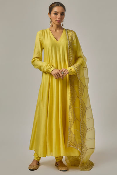 Lemon yellow chanderi anarkali set