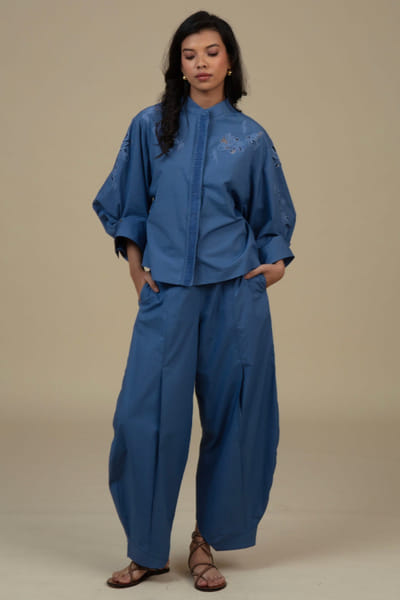 Blue cutwork embroidered cotton shirt