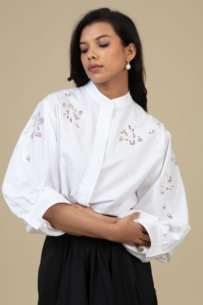 White cutwork embroidered cotton shirt