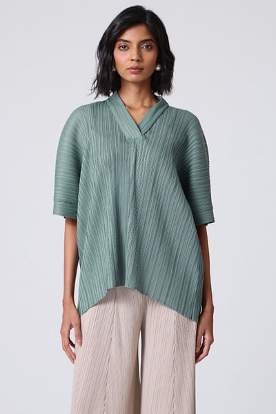 Steel teal v-neck pleated top
