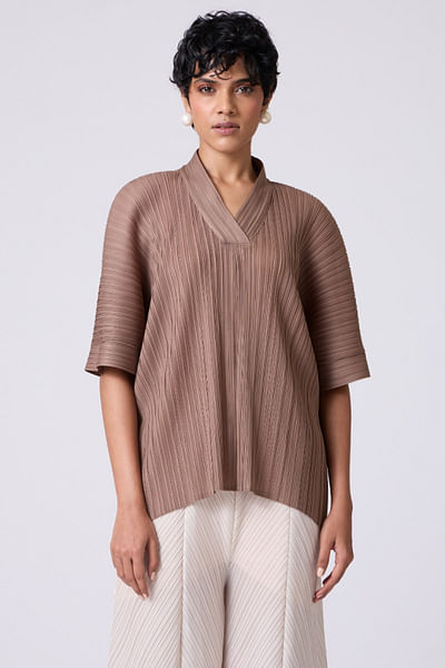 Taupe v-neck pleated top
