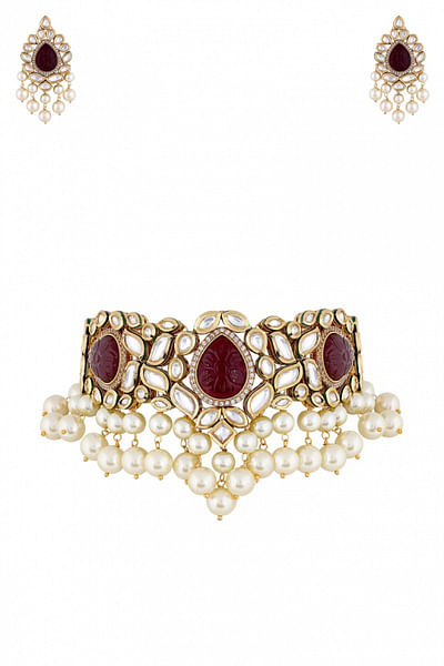 Red kundan and polki choker set