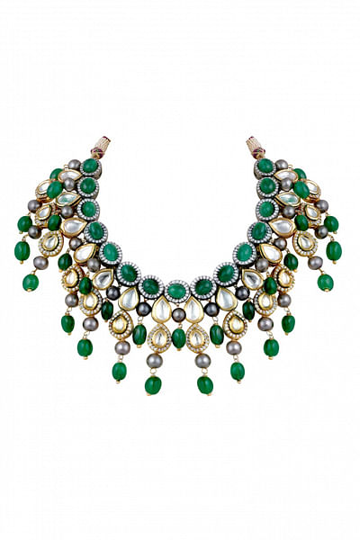Green stone and pearl embellished necklace