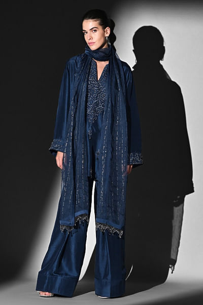 Indigo blue bead embroidered kurta set
