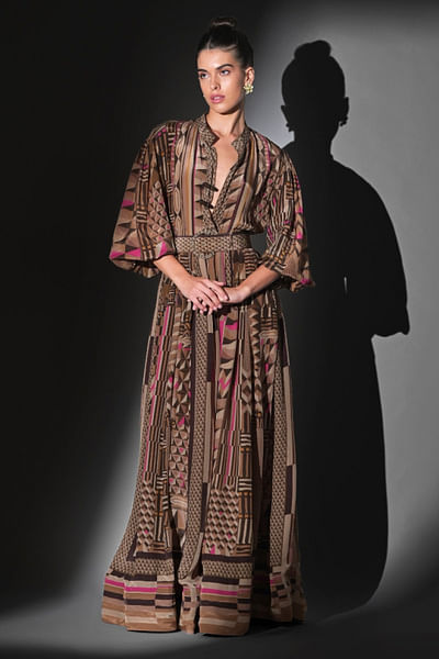 Brown geometric print belted maxi dress