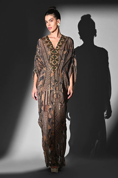 Brown printed and baroque embroidered kaftan