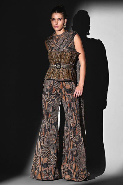 Brown gold Byzantine embroidery belted corset