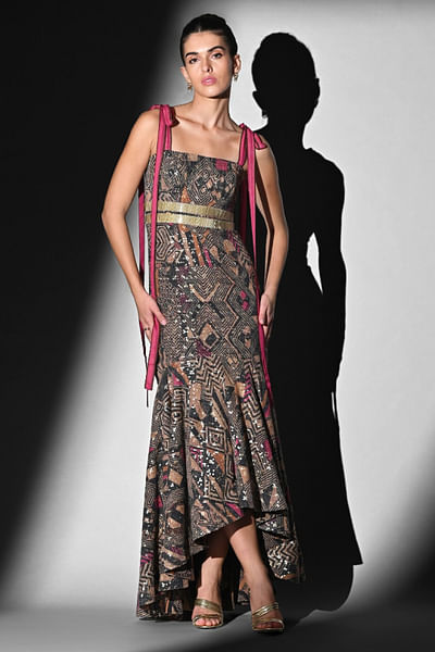 Brown pink geometric print embroidery dress