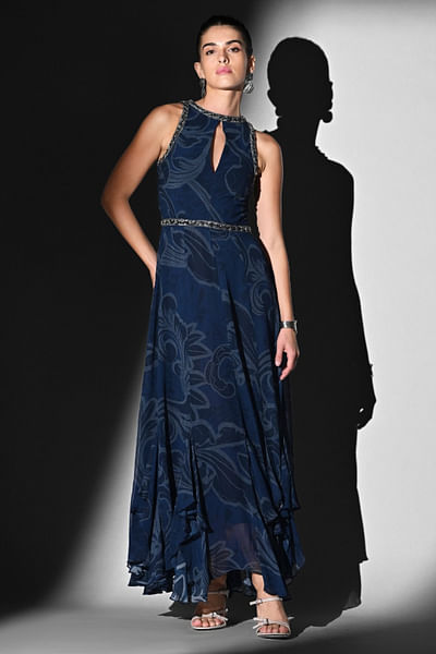 Indigo blue swirl print and embroidered dress