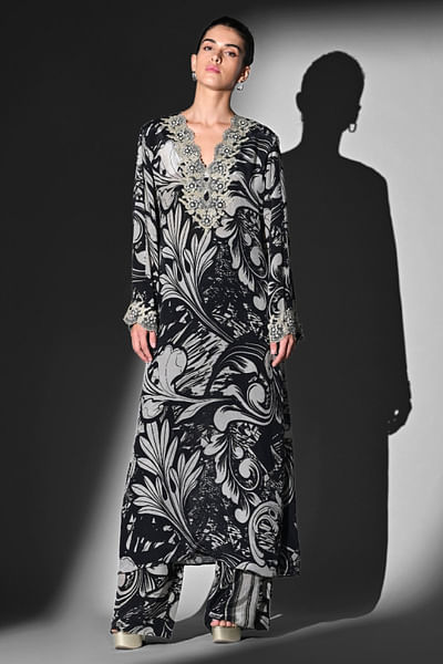 Black-white printed and embroidered kurta set