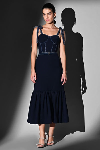 Indigo blue corset tie-up belted dress