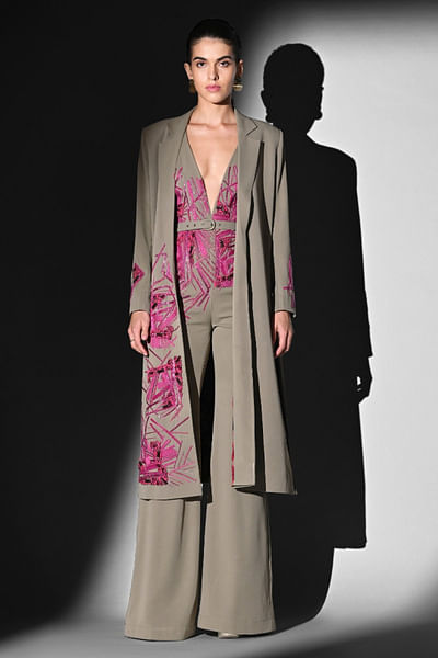 Beige-fuchsia embroidered and belted jumpsuit