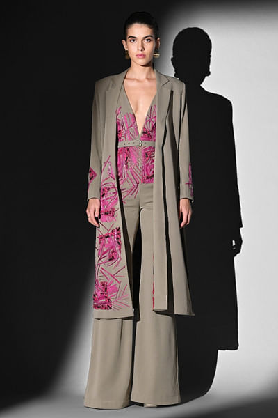 Beige-fuchsia thread embroidered trench coat