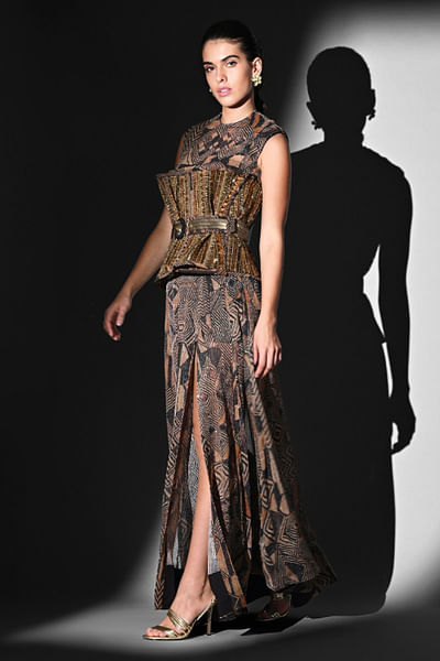 Brown geometric printed bodysuit skirt set