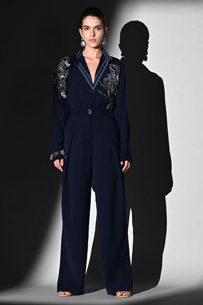 Indigo blue abstract bead embroidered shirt