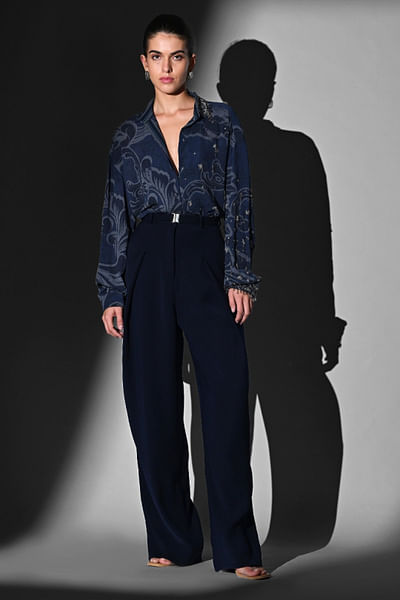 Indigo blue swirl print and embroidered shirt