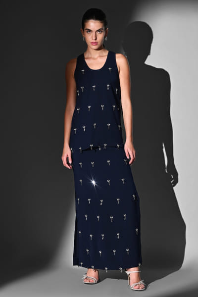 Indigo blue crystal bead embellished skirt set