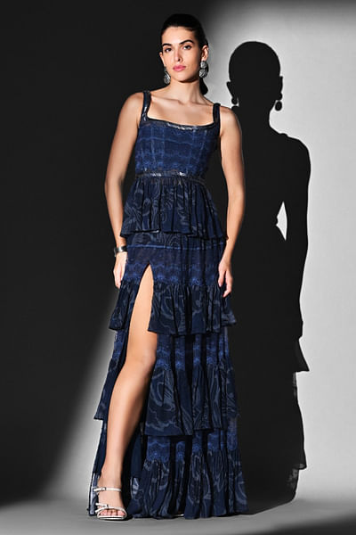 Indigo blue print embroidery tiered skirt set