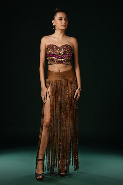 Brown thread crystal bead embellished corset