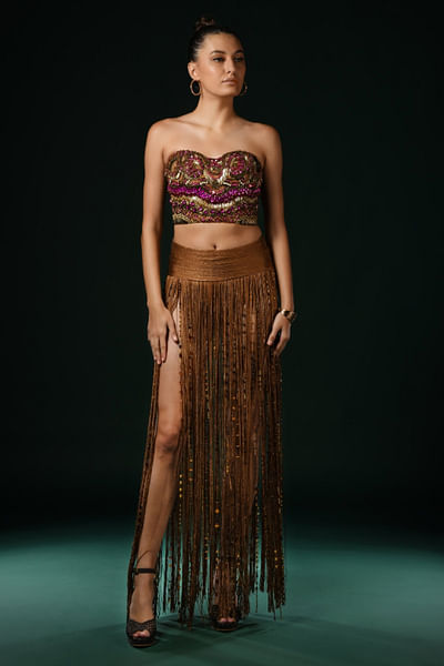 Brown fringe and bead tasselled silk skirt