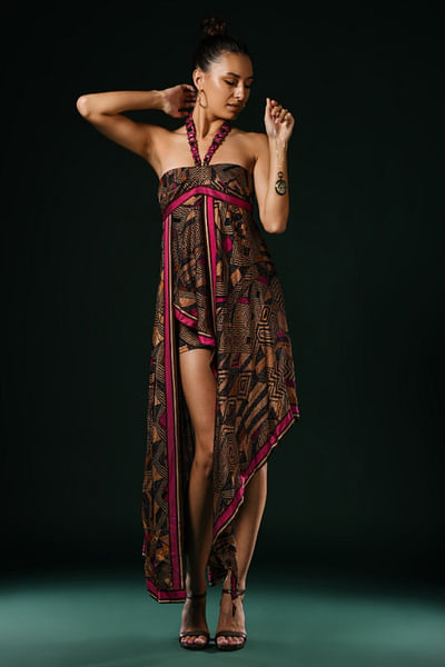 Brown geometric print asymmetric dress