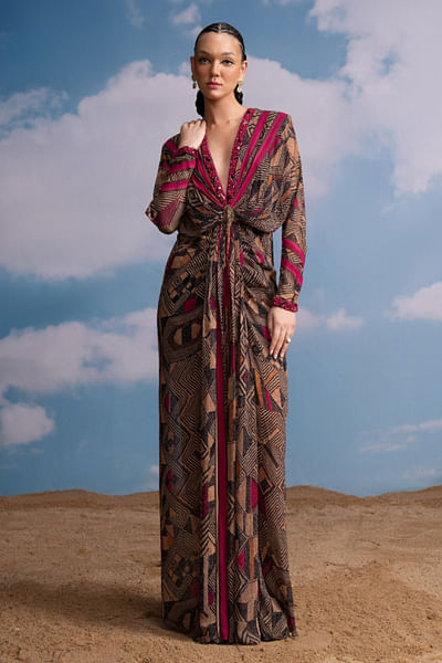 Brown and fuchsia geometric print draped dress