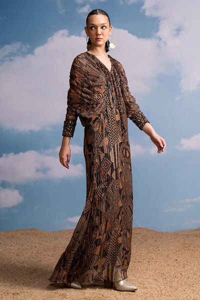 Brown geometric printed kimono dress