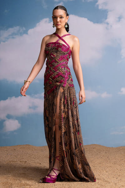 Brown and fuchsia geometric print braid dress