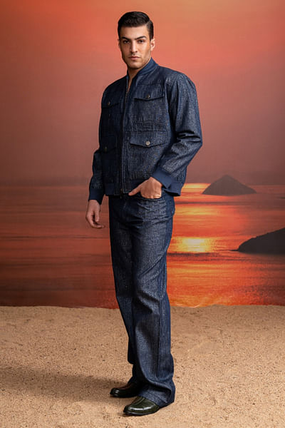 Indigo hemp denim bomber jacket set