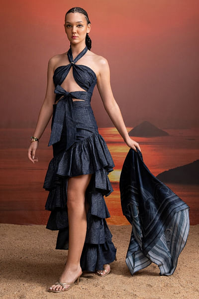 Indigo ruffled asymmetrical denim skirt