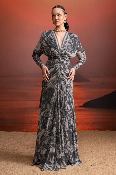 Noir swirl printed sequinned draped dress