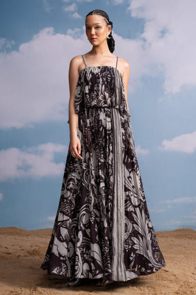 Chocolate brown swirl printed maxi skirt set