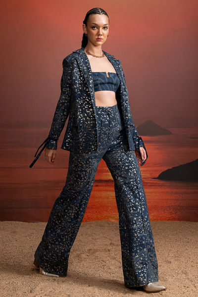 Indigo printed sequinned pant suit