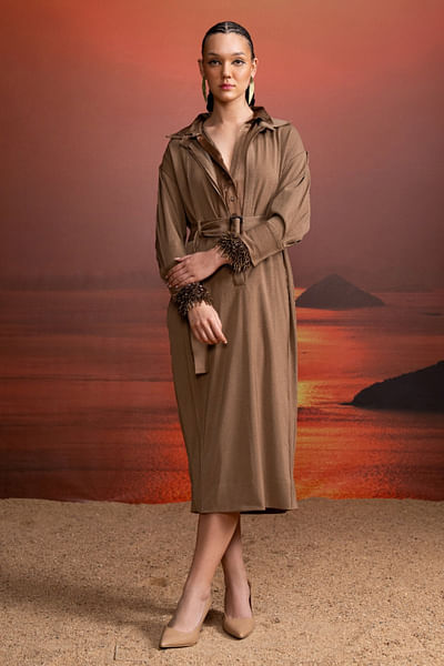 Beige belted shirt dress set