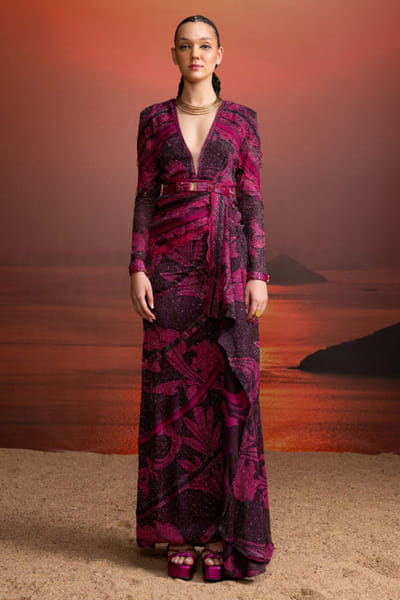 Nikita Mhaisalkar Fuchsia pink printed draped belted dress NIKAPR25D123190