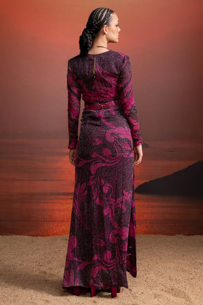 Nikita Mhaisalkar Fuchsia pink printed draped belted dress NIKAPR25D123190