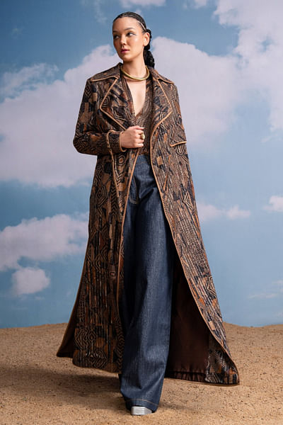 Brown geometric printed trench coat