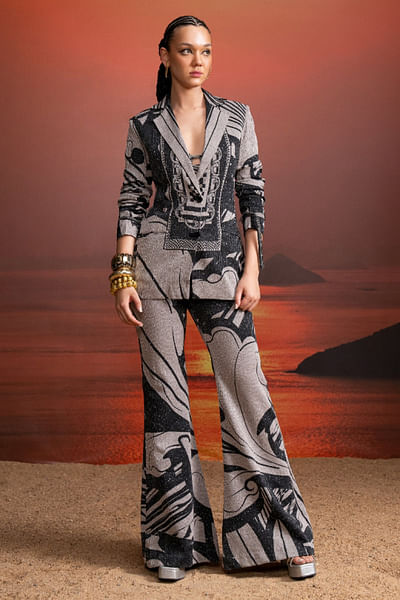 Noir swirl printed sequinned pant suit