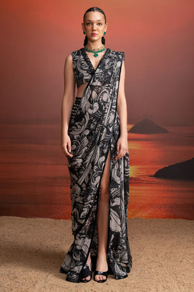 Noir swirl printed draped sari set