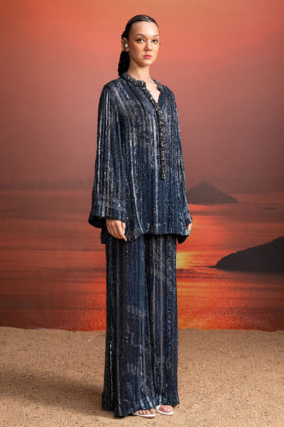 Indigo printed embellished short kurta set