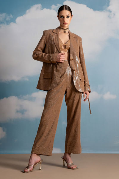 Beige sequinned pant suit set