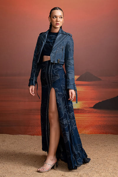 Indigo swirl printed denim jacket